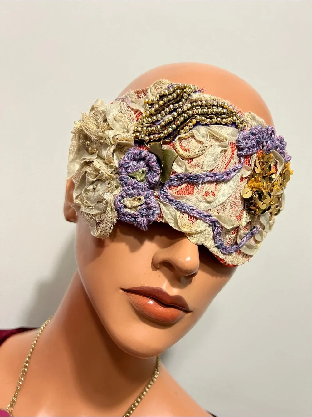 Embellished Cream and Lavender Lace Sleep Mask